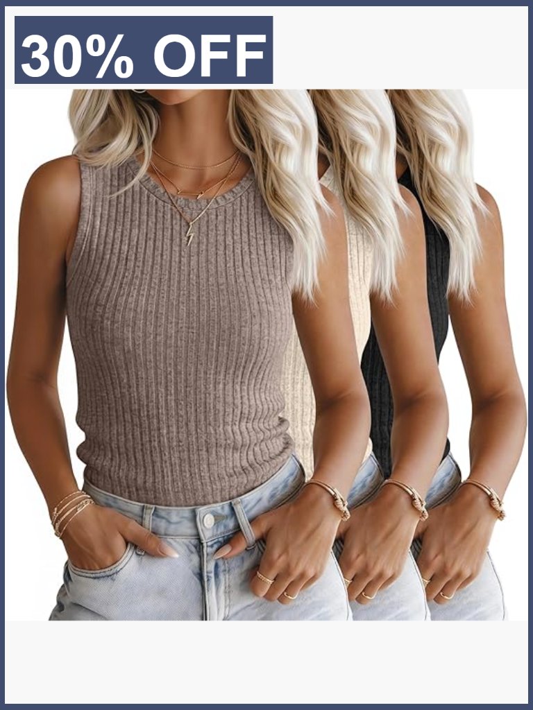 3 Pack Ribbed Knit Tank Tops Slim Fit Crew Neck Sleeveless Undershirts For Women